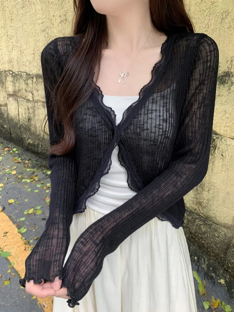 Lace Trim One Button Long Sleeve Crop Top Women Short Open Front Ribbed Knit Cardigan Sweater Summer Fairycore Outfit 250728