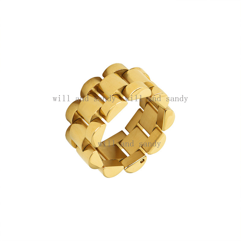 Mechanical Heavy 18K Gold Watchband Chain Ring Band Designer Jewelry No Tarnish Stainlss Steel Finger Tail Rings for Women Men Gift Fine Jewelry