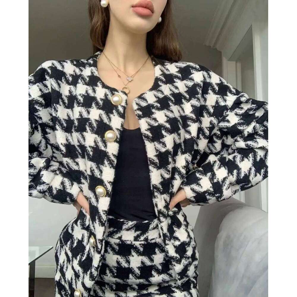Vintage Sweet Women Pearl Button Black Check Gingham Plaid Blazer High Waist Mini Short Skirts Long Sleeve Suits 2 Pieces Set