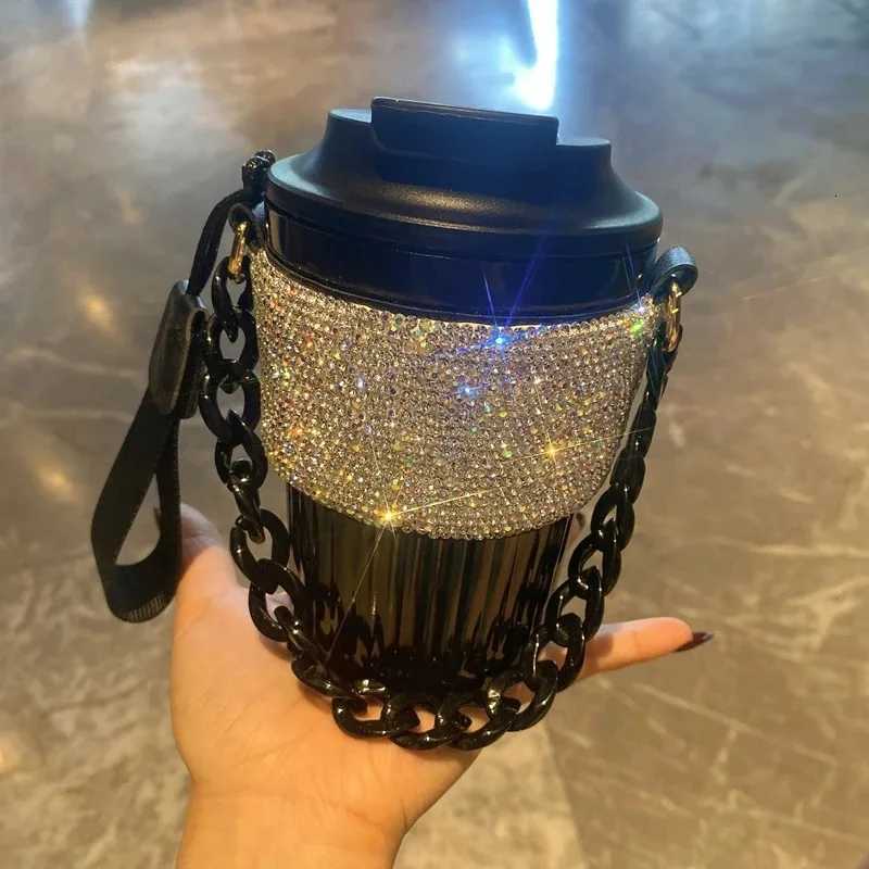 Chain Carry Straight Drink Coffee Cup Rhinestone PC/PP Portable Eco Friendly Non-slip Reusable Mug Outdoor Travel Water Bottle XJ250728
