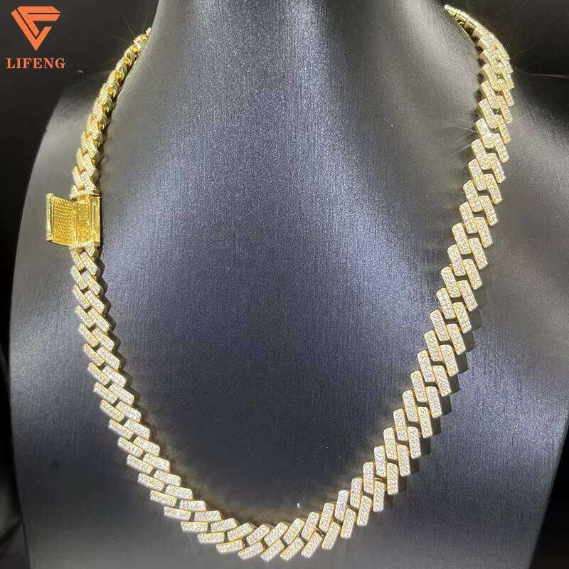 Sier Hip Hop 12MM Gold Plated Cuban Link Chain Fashion Jewelry With Iced Out Moissanite Dia for Men Gift