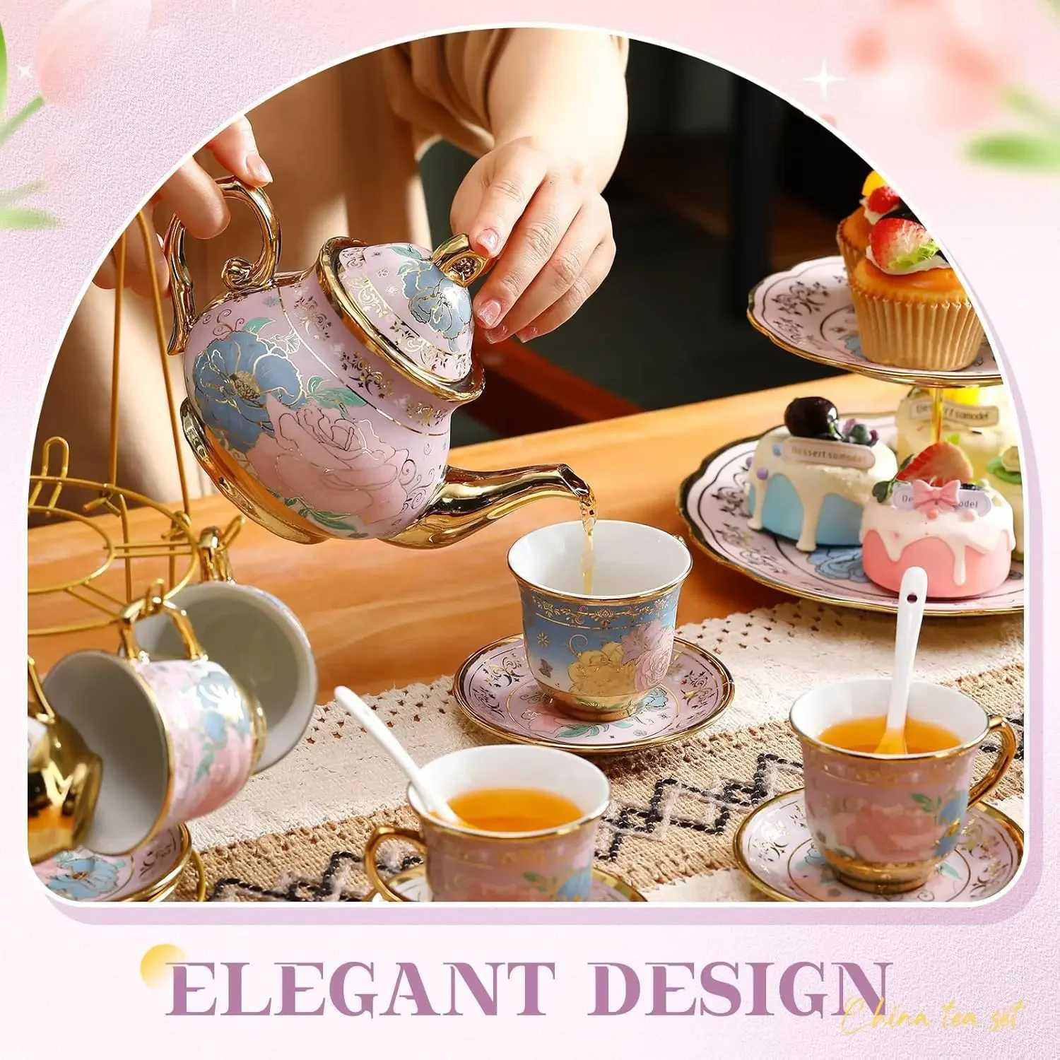 21pcs Set with Metal Holder and Cupcake Stand Ceramic Tea Pot Cups Saucers Cupcake Tier Tower European Tea Set for Women Girls X250728