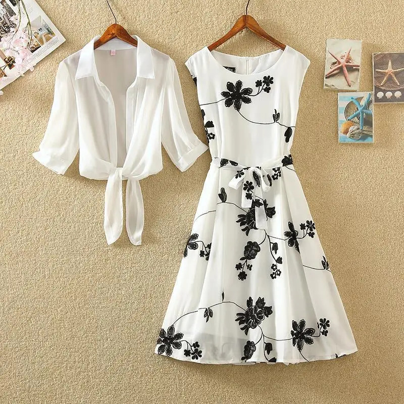Elegant Suit Twopiece Dress High Waist Sleeveless Slim Aline Skirt Floral Embroidery White Top Bow Belt Vintage WOMEN 250728