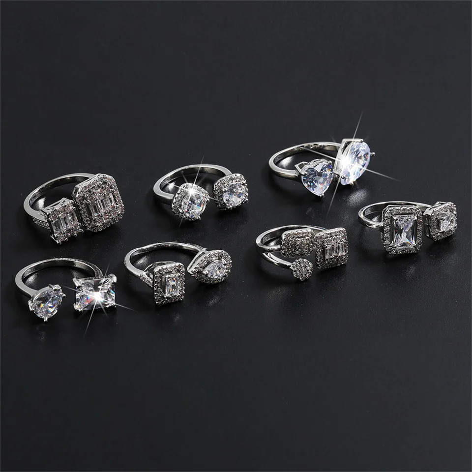 ZAKOL Shinny Geometric Square Crystal Open Rings Fashion Cubic Zirconia Engagement Ring for Women Wedding Jewelry 250728