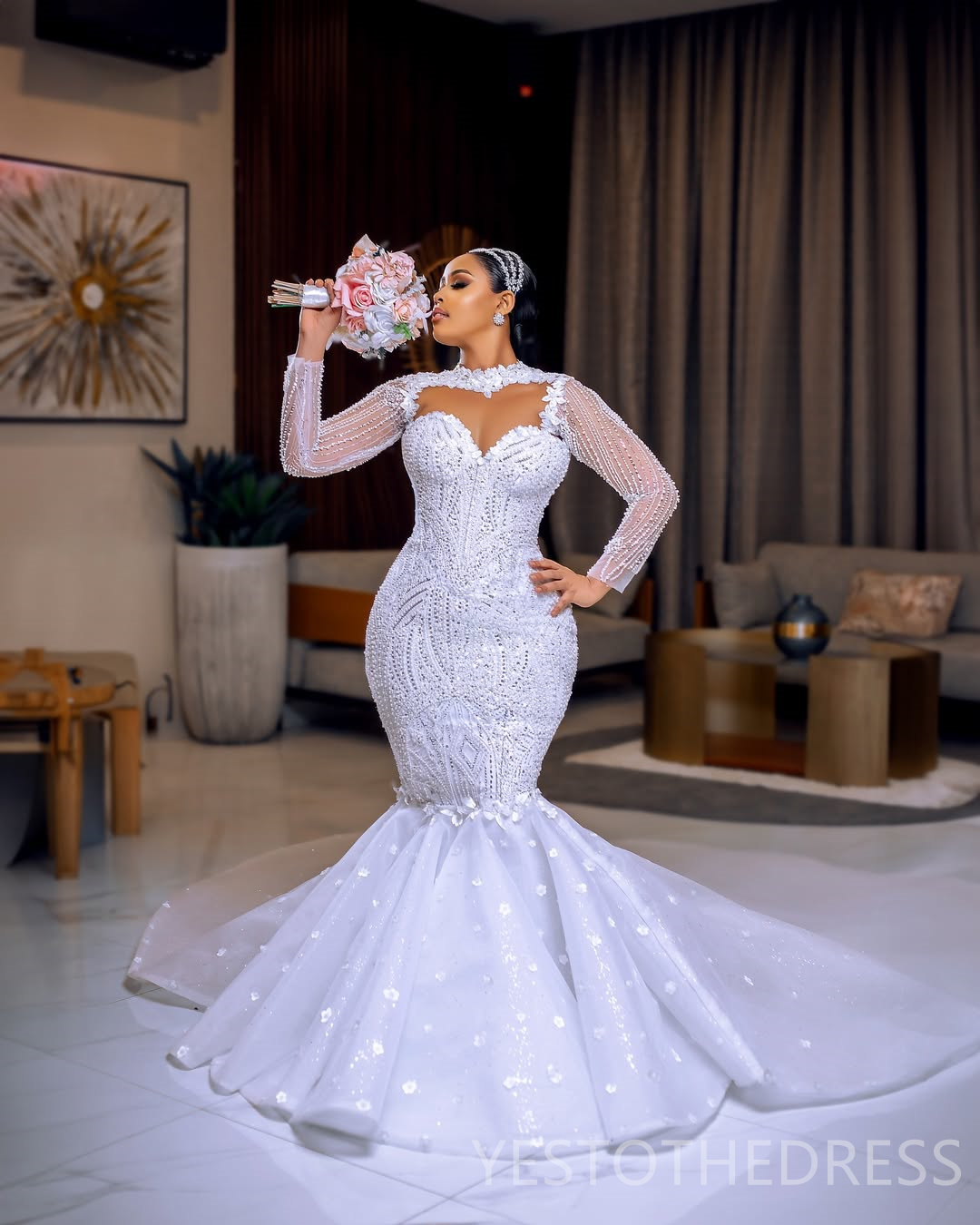 2025 Elegant African Wedding Dress Bridal Gowns For Bride Detachable Train Mermaid Sheer Neck Illusion Long Sleeves Beaded Lace Wedding Gowns For Blac