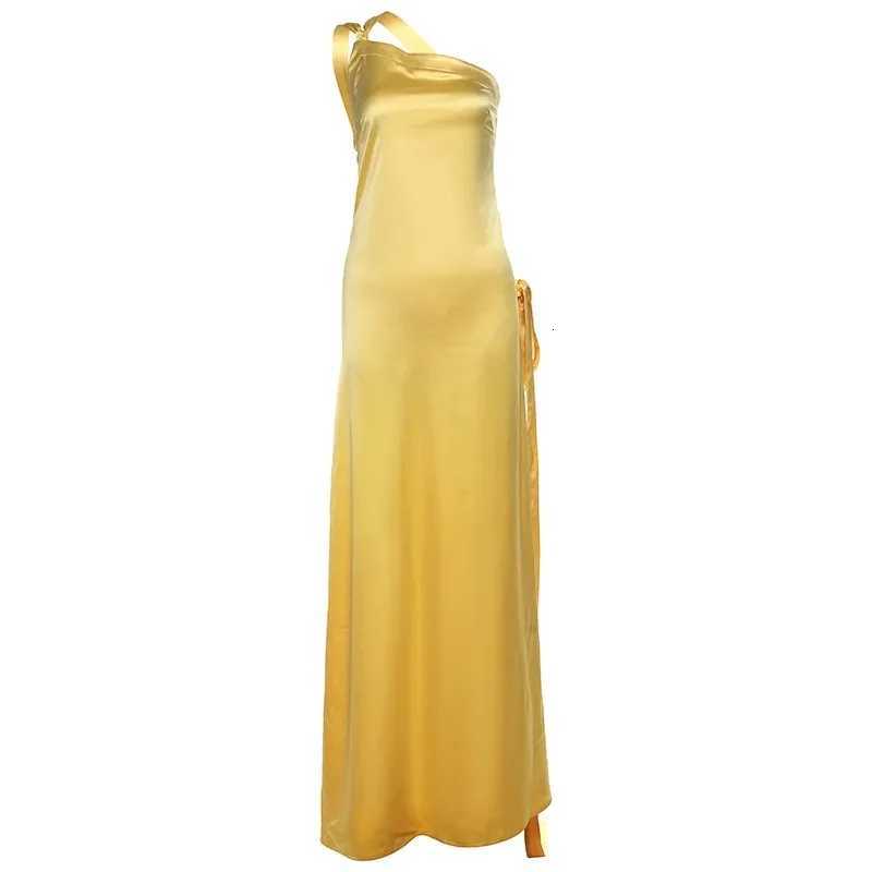 Womens Backless Yellow Satin Lace Up Dresses Elegant Off Shoulder Strapless Long Dress Lady Party Club Dress New Summer Z250728