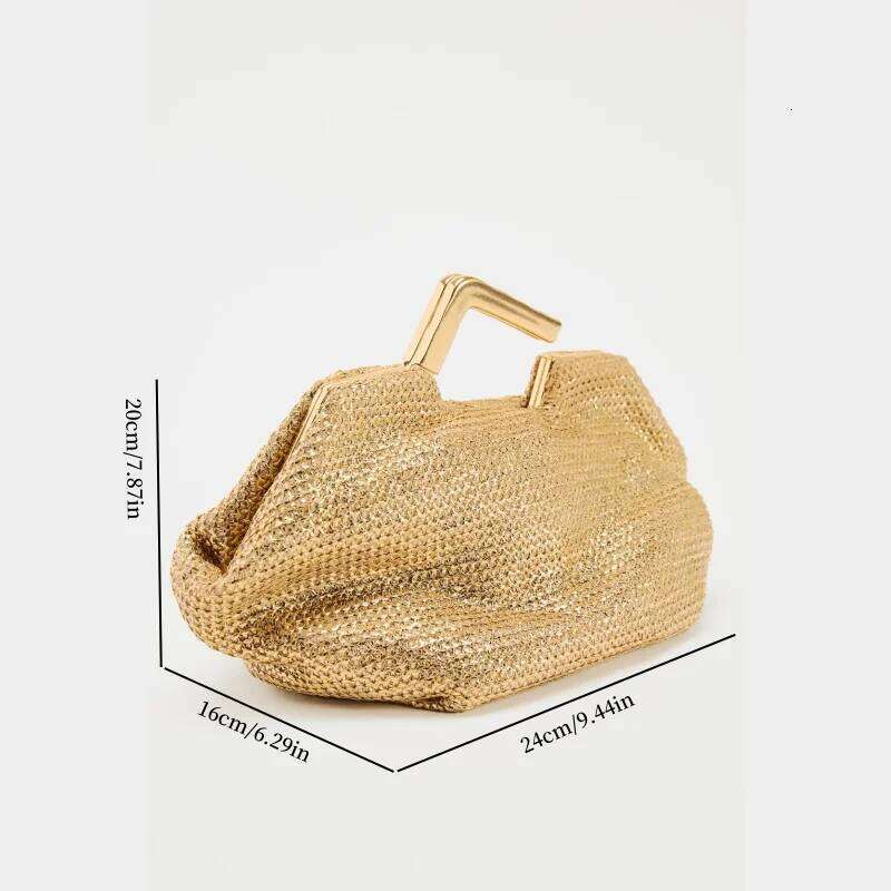 GOLD BAG WITH METAL HANDLE, Woven Handbag for Women, Designer Evening Dress Bag, New Fashionable Women's Metal Clutchs