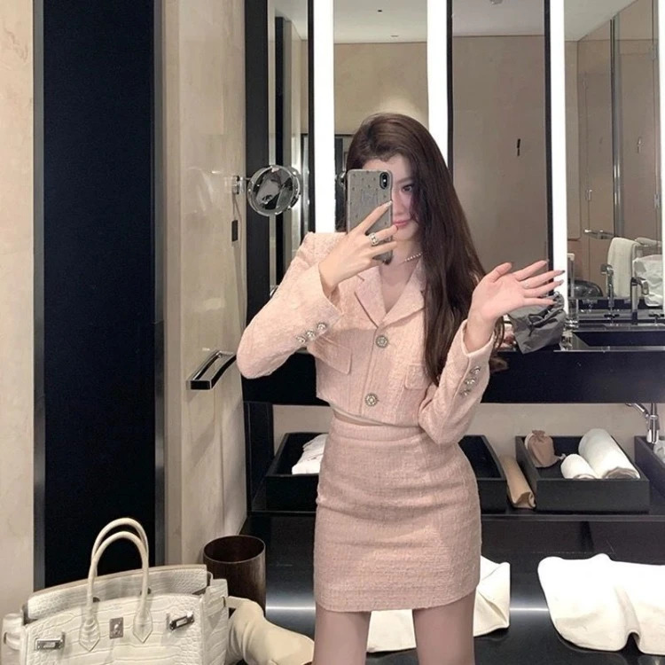 Elegant Vintage Long Sleeve Tweed Pink Coat Women Y2k High Waist Slim Fit Bodycon Skirts Early Autumn Two Piece Sets 250728