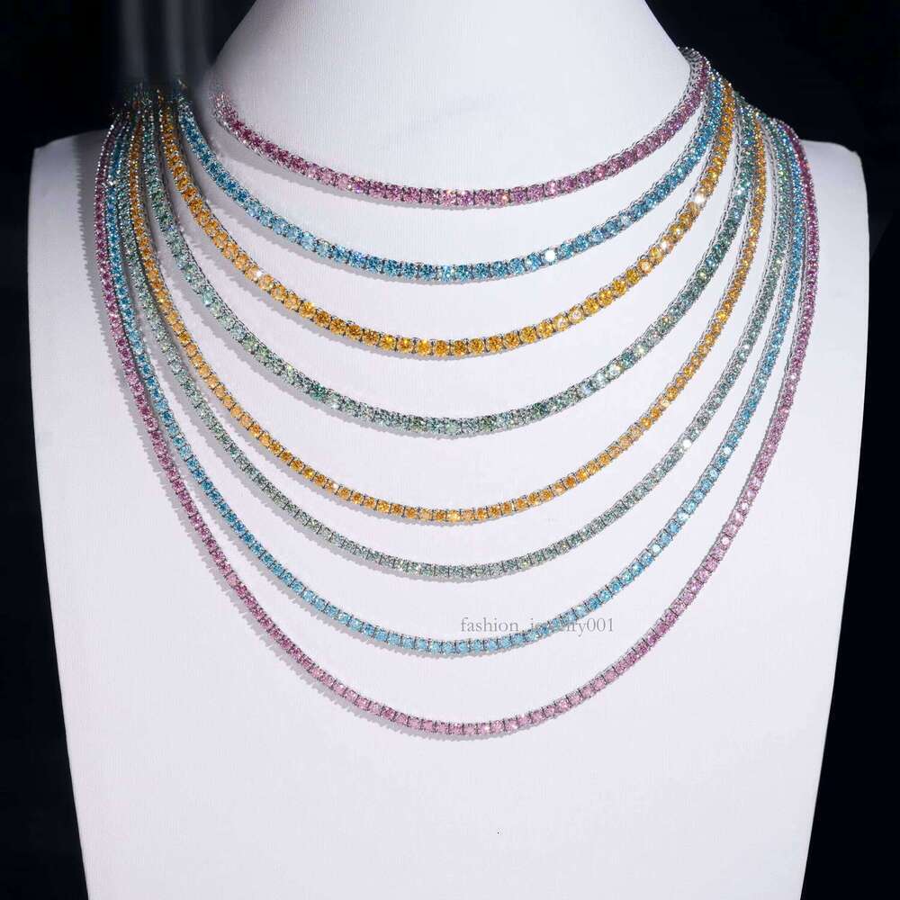 Pass Tester Hip-Hop 4mm Blue Green Pink Gold Sier Chalcedony Tennis Chain