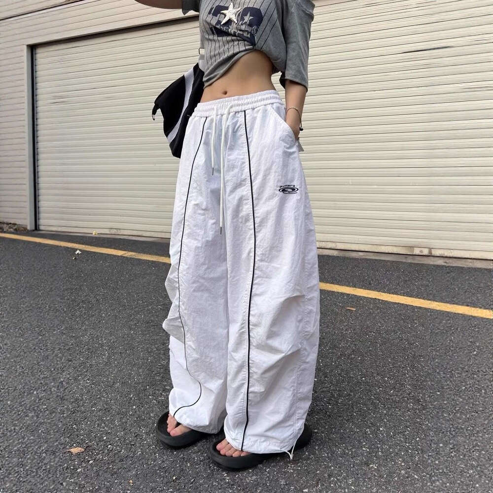 American Style Pleated Striped Sports Cargo Paratrooper Unisex Casual Loose Wide Leg Scimitar Pants Trendy