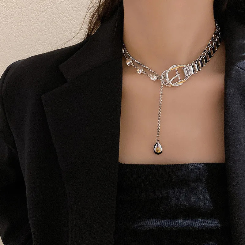 FYUAN Geometric Crystal Choker Necklaces for Women Splicing Chain Button Long Pendant Necklaces Statement Jewelry 250723