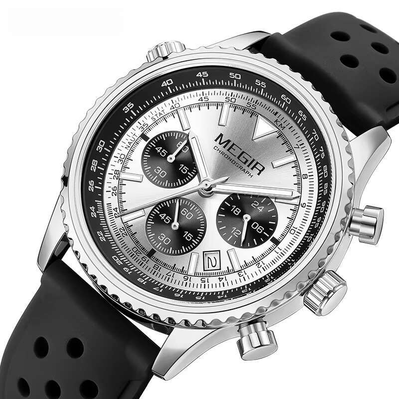 DHgargets MEGIR 2236 Men's Ultra-Thin Business Watch - 43.5mm Silicone Strap, Waterproof 30M, Luminous, Chronograph, Date