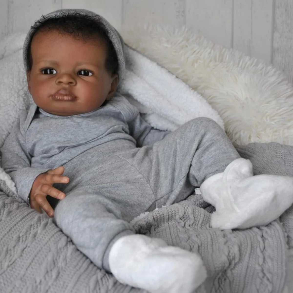 19inch Dark Skin Lanny Reborn Baby Dolls Handmade Painted African Reborn Baby With Rooted Hair Doll Toys Dolls For Girls W250728