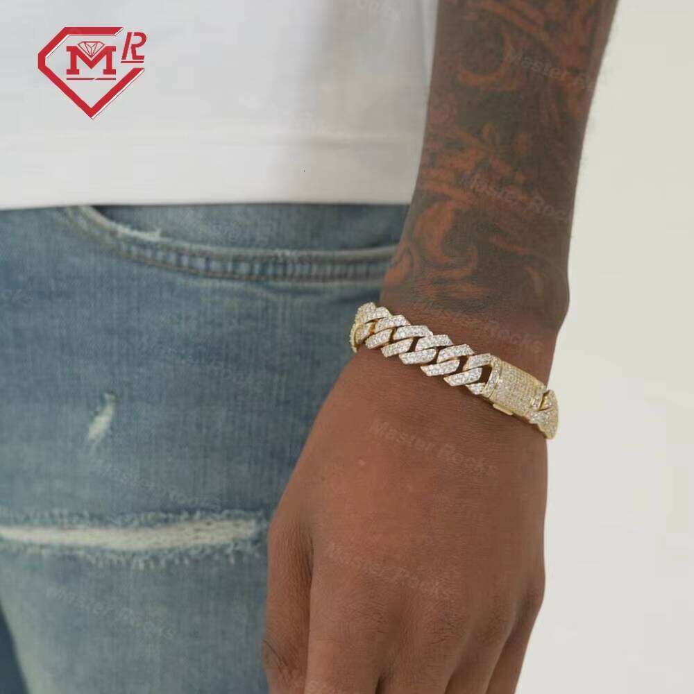 China Factory Custom Mens Hip Hop for Rapper 14mm 2rows Real Solid S Sier Moissanite Bracelet Men