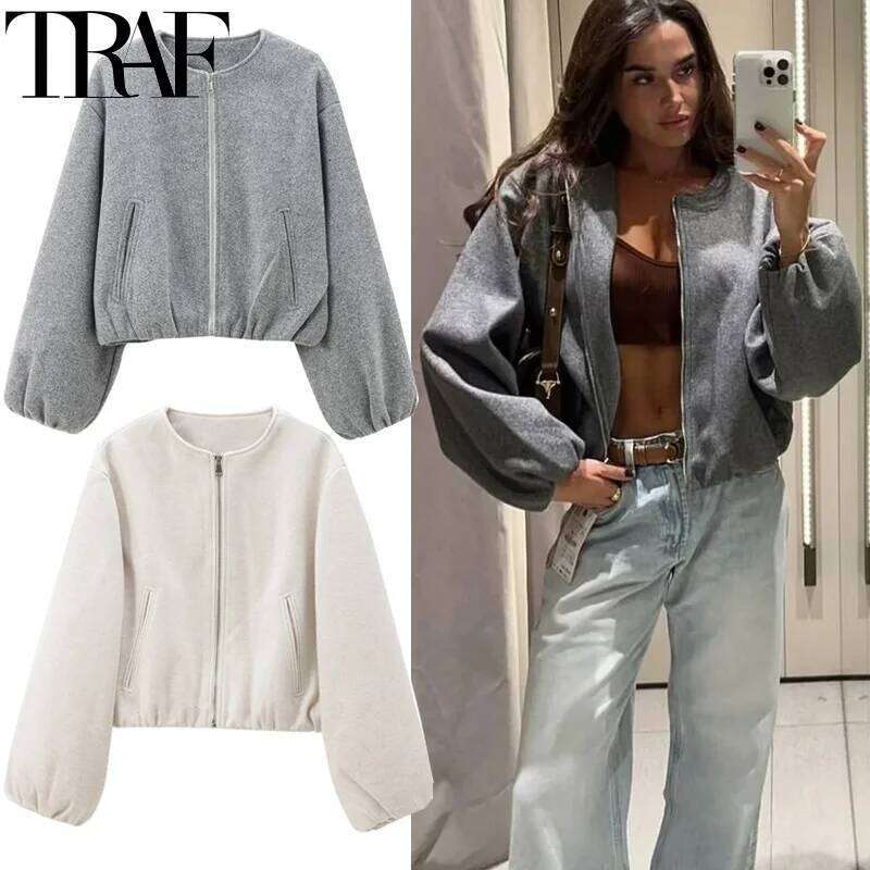 TRAF Outerwears Cropped Bomber Jacket Women Autumn Long Sleeve Faux Wool For Woman Winter Zip Up Gray Beige Short Coats