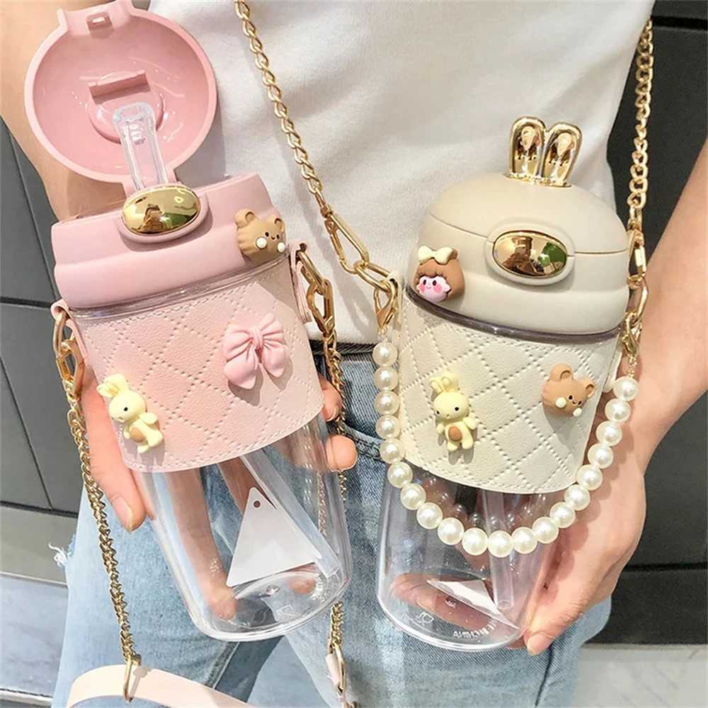 ute Rabbit Ear Plastic Water Bottles With Straw For Girls Kids Portable Strap Student Bottle With Cup Cover Anti-drop BPA Free X2507281