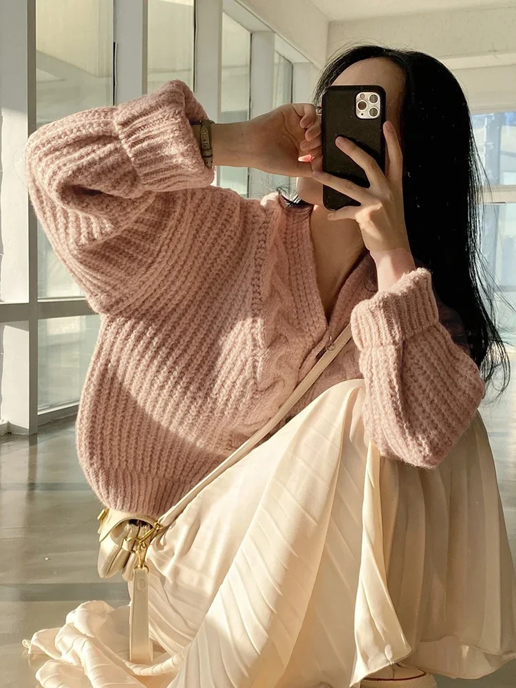 Korean Thick Women Cardigan Knitted Sweater Autumn Winter Chic Loose Long Sleeve Tops Simple Solid Jacket for Women 250728