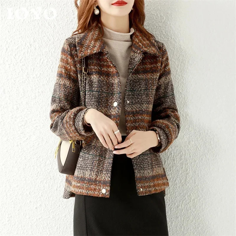 Plus Size Winter Thickened Short Plaid Woolen Coat Womens Stylish Casual Outerwear Korean Style Fashionable Female 250728