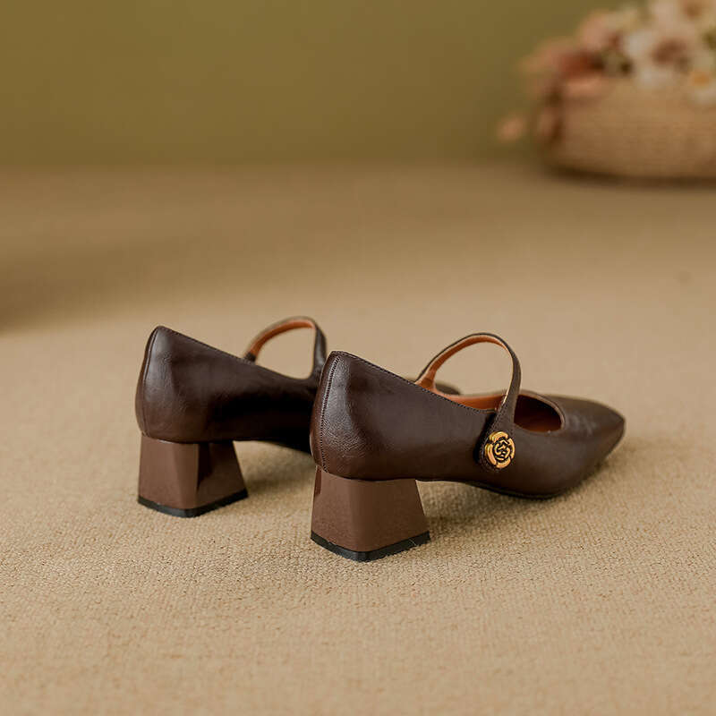 Genuine Leather High Heels Mary Jane Chunky Heel Single Shoes Fashion 2025 Spring New Women Outdoor High-end Feel