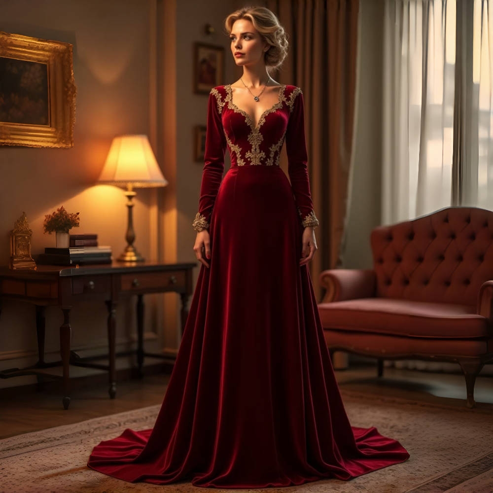 Burgundy Velvet Elegance Evening Dresses Long Sleeves A-Line Formal Occasion Gown Lace Appliques Prom Party Wear For Women