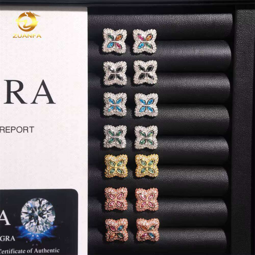 15mm Colorful Chrysoprase Flower Sier Hip Hop Iced Out Earrings Passed Testing