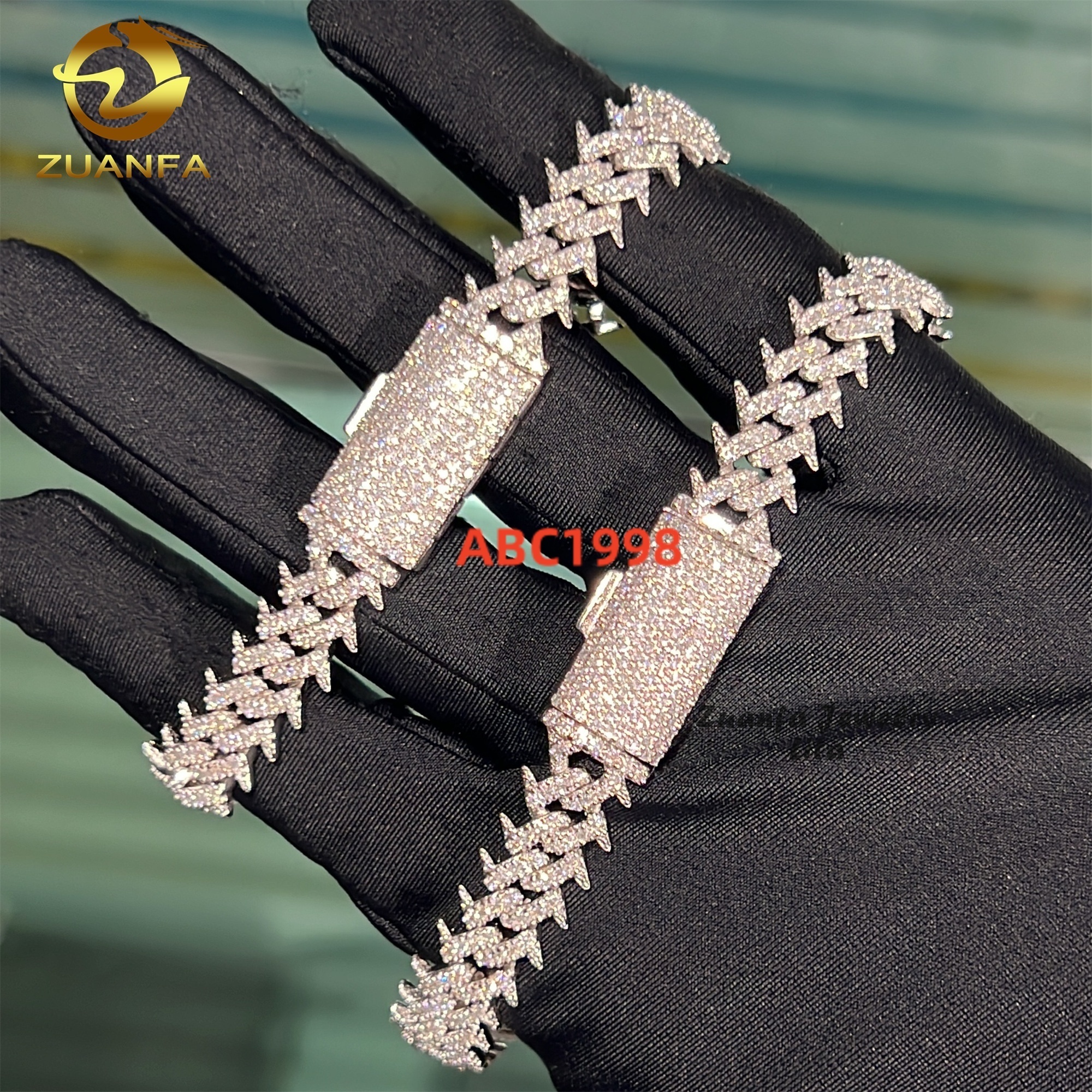 Zuanfa Jewelry Hip Hop 10mm Iced Out Diamond 925 Sterling Silver Moissanite Spike Cuban Link Bracelet