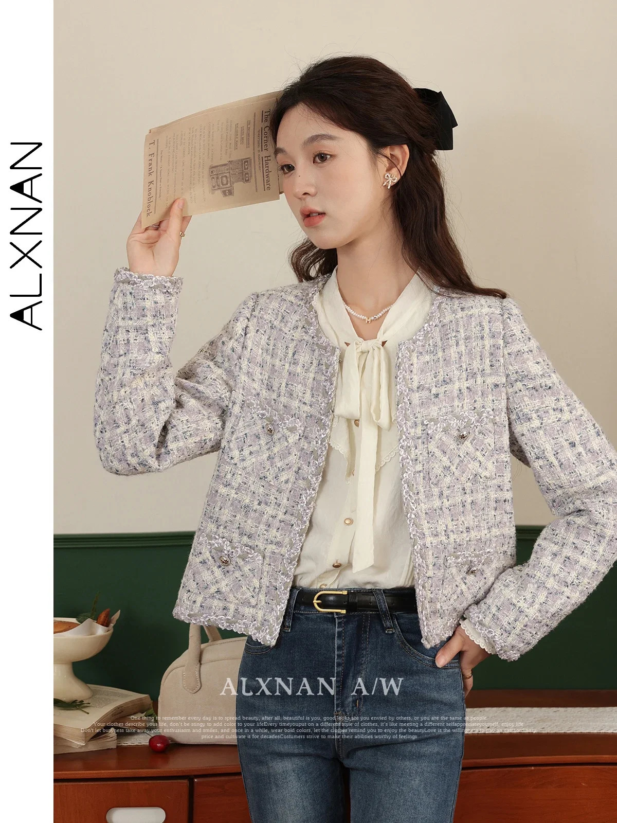 ALXNAN Womens Oneck Cropped Tweed Jacket Autumn Winter Straight Single Breasted Long Sleeve Coat Sold Separately LXN31307 250728