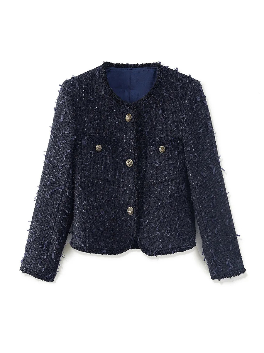 ZJYT Autumn Vintage Blue Tweed Woolen Jacket for Women Womens Clothing Winter Coat Elegant Short Outerwear Jacket 250728