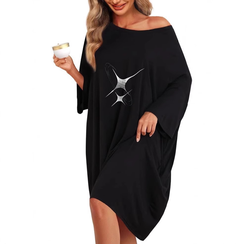 B995-Plus Size Women's Nightgown Home Clothes T-shirt Short Sleeve Printed Pajamas Nightdress with Pockets