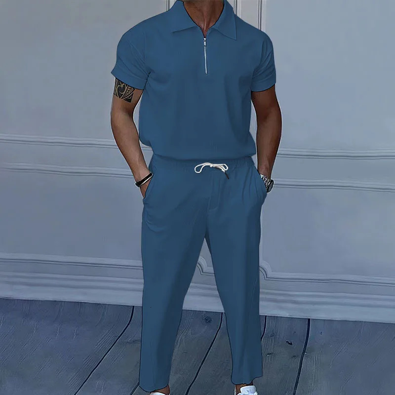 Summer European and American mens solid color suit lapel short sleeve zipper trouser suit 250724