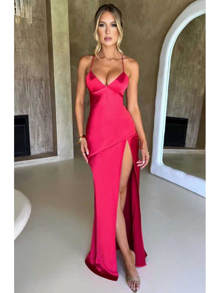 Bandage Backless Elegant Dress Split Hem Spaghetti Strap Slim Cocktail Party Club Fashion Satin Solid Lace-Up Long Dresses Z250728