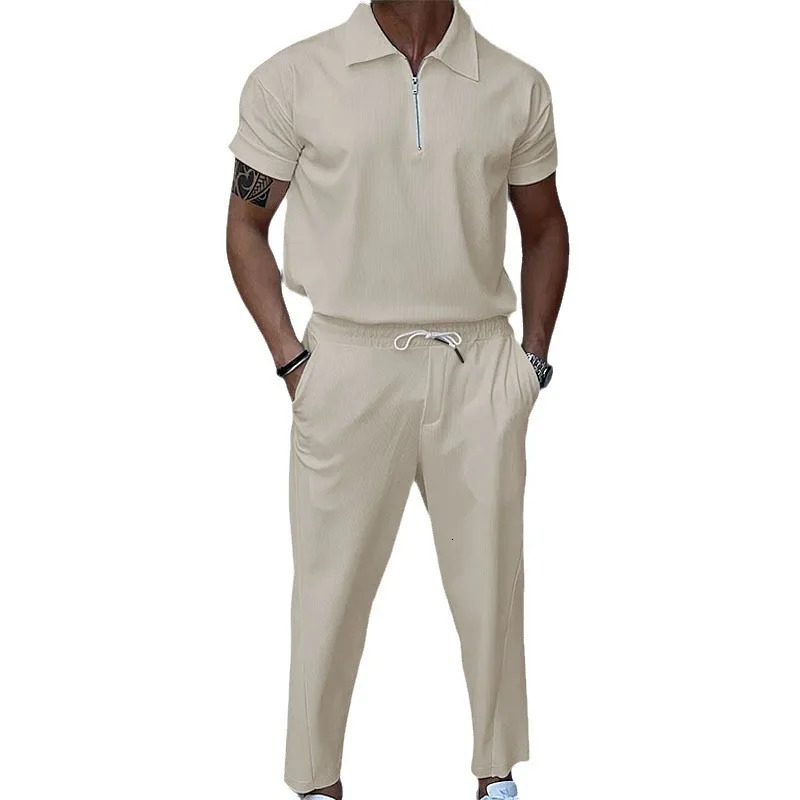 Summer European and American mens solid color suit lapel short sleeve zipper trouser suit 250724