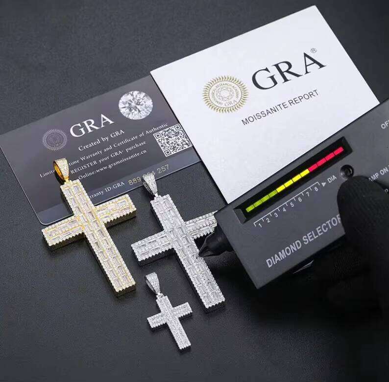 Hiphop Sterling Sier Iced Out VVS Baguette Cut Moissanite Cross Pendant