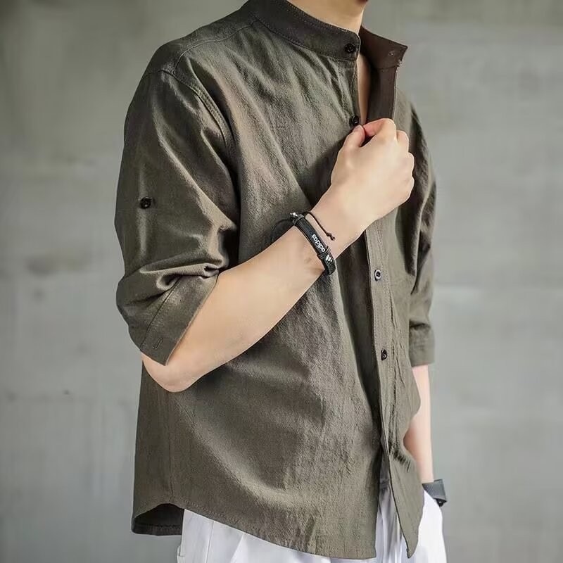 Stand Collar Short Shirt for Men, Summer Trendy Brand, High-end Sense, Stylish Men's Shirt, Plus Size, Three-quarter Sleeve