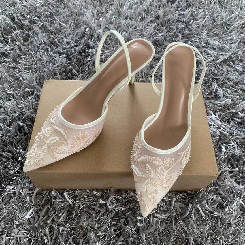 Brand Designer White Women Wedding Pumps Mesh Embroidered Flowers Back Strap Sexy Slingback High Heels Dress Ladies Shoes XJ250728