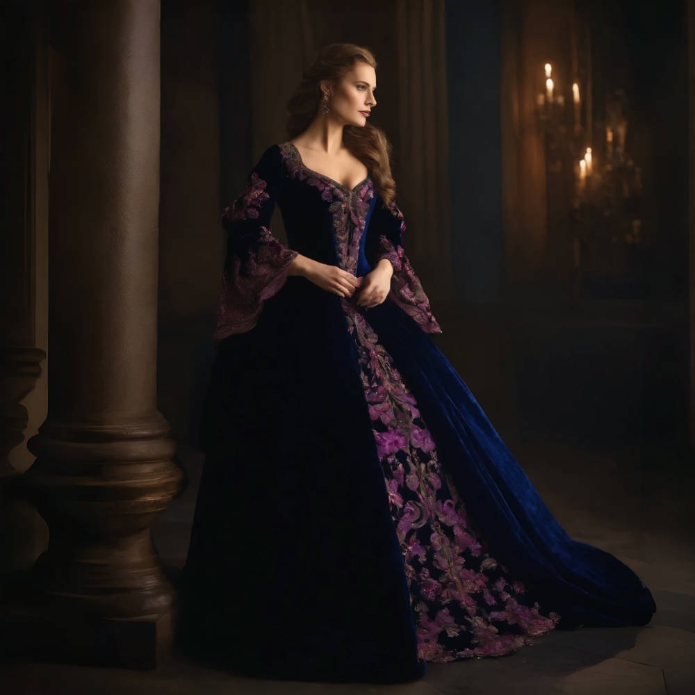 Historical Renaissance Prom Dresses Deep Midnight Blue Velvet Special Occasion Gown With Purple Lace Applique Flare Sleeves A-line Vintage Chic Evenin