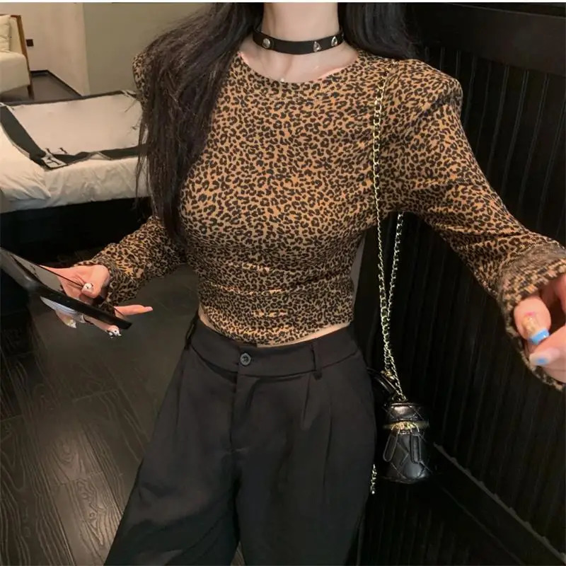 Fashion Leopard Printed Women Tshirt Long Sleeve O Neck Slim Fit Ladies Crop Top Daily Streetwear Casual Tops Autumn Clothing 250728