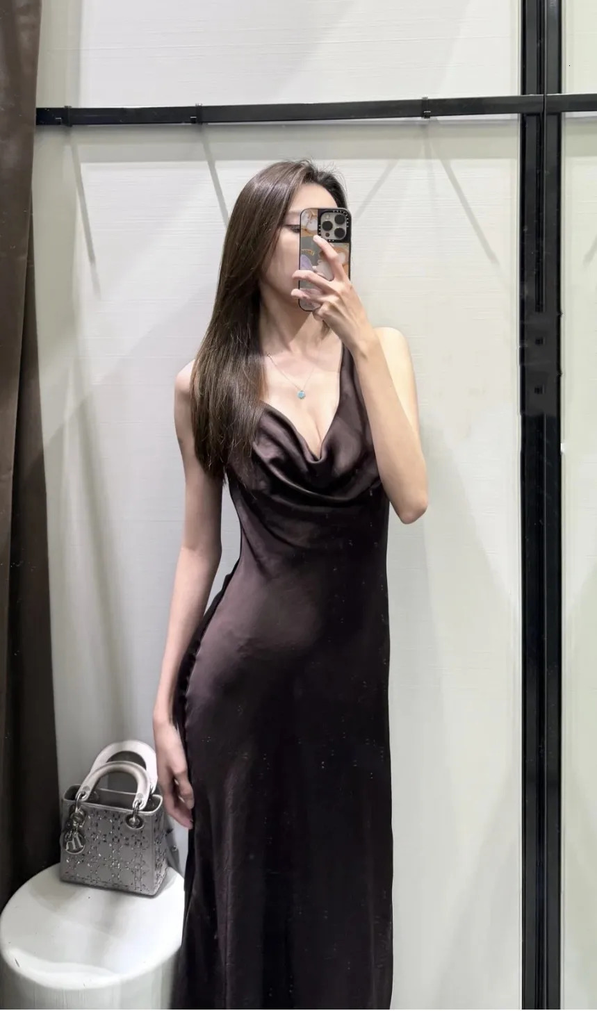 ETJ TRAF Spring womens ZW series elegant beautiful silk satin texture Vneck long dress party red dress 250728