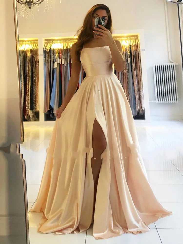 Elegant Women Maxi Beach Satin Dress Sexy Leg Slit Lace Up Evening Prom Gown Adjustable Straps Bridesmaid Dresses Z250728