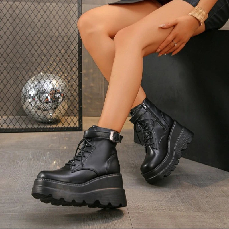2024 Punk Style Women Shoes Lace-up heel height 9CM Platform Shoes Woman Gothic Ankle Rock Boots Metal Decor Woman Sneakers 250725