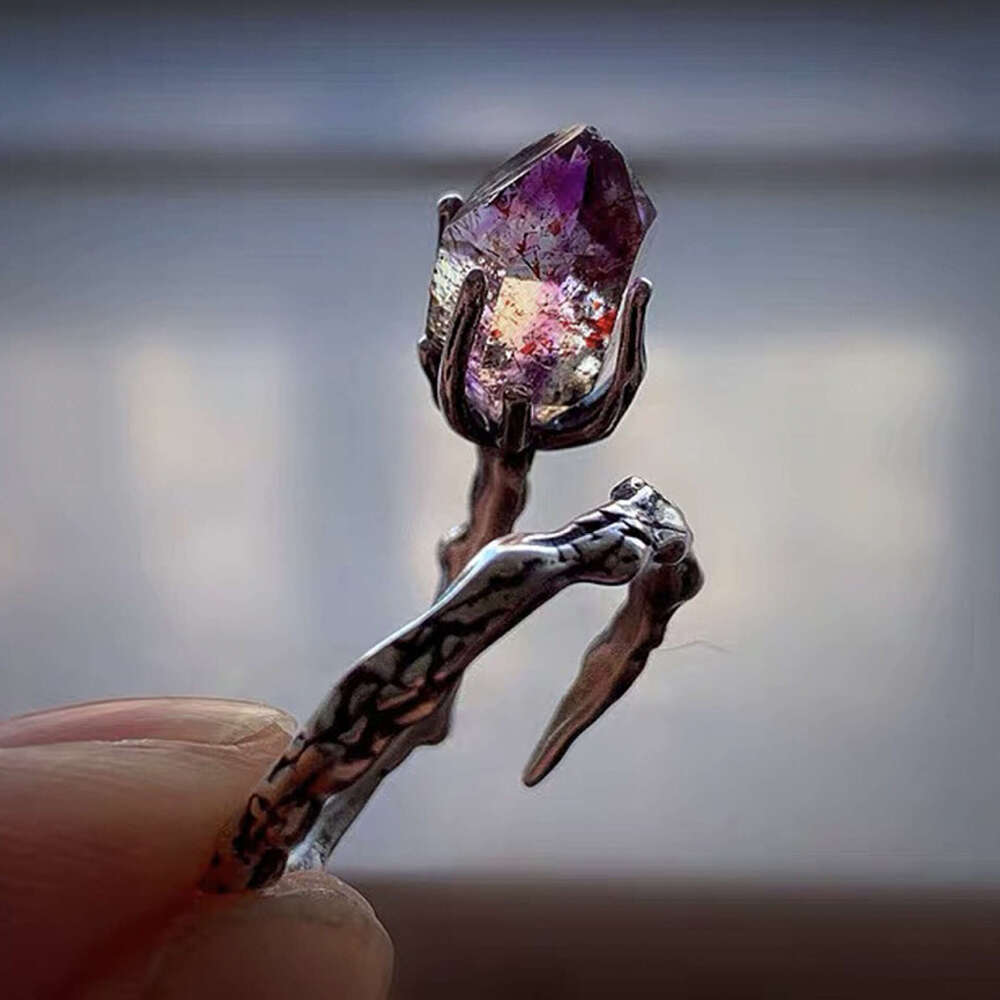 YUJI Personalized Creative Open Tree Branch Flower Holder Artificial Amethyst Inlaid Diamond Unique Ring for Women