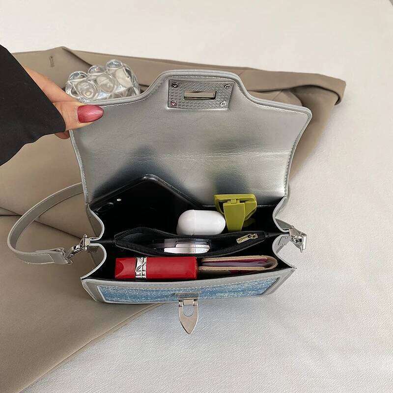 Small Square For Women Retro Denim Crossbody Famous Brand Handbag Solid Color Pu Leather Lady Shoulder Bag Black Bolsos