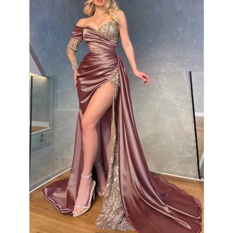 2023 Autumn Elegant Women Sexy Lace Slim Fit Patchwork Split Irregular Dress Women Slash Neck Strapless Formal Party Dress Z250728