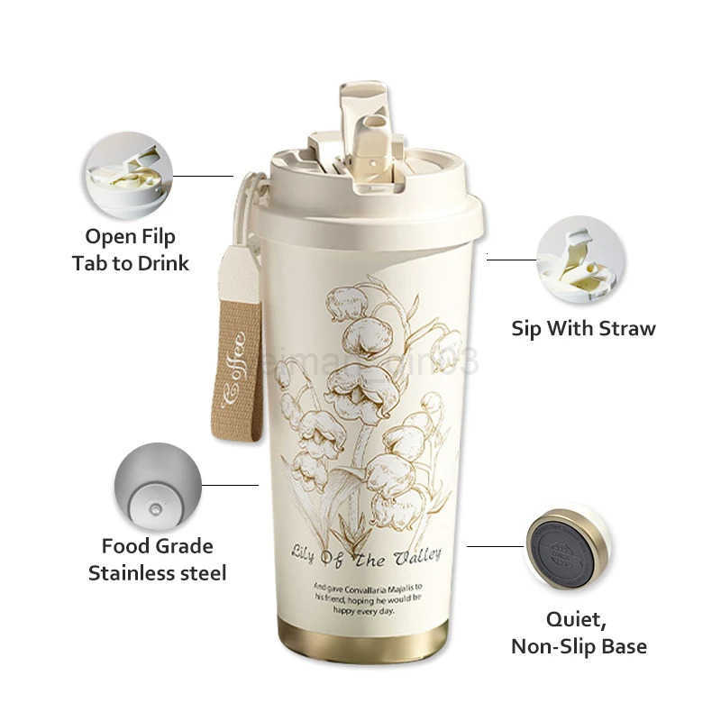 1pc 500ml Travel Leak-proof Coffee Cup with Straw Stainless Steel Vacuum Insulated Bottle Cup Portable Straw Cup Thermos Cup T250728