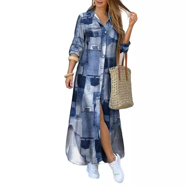 K727Printed Lapel Shirt Dress Loose Casual Long Dress