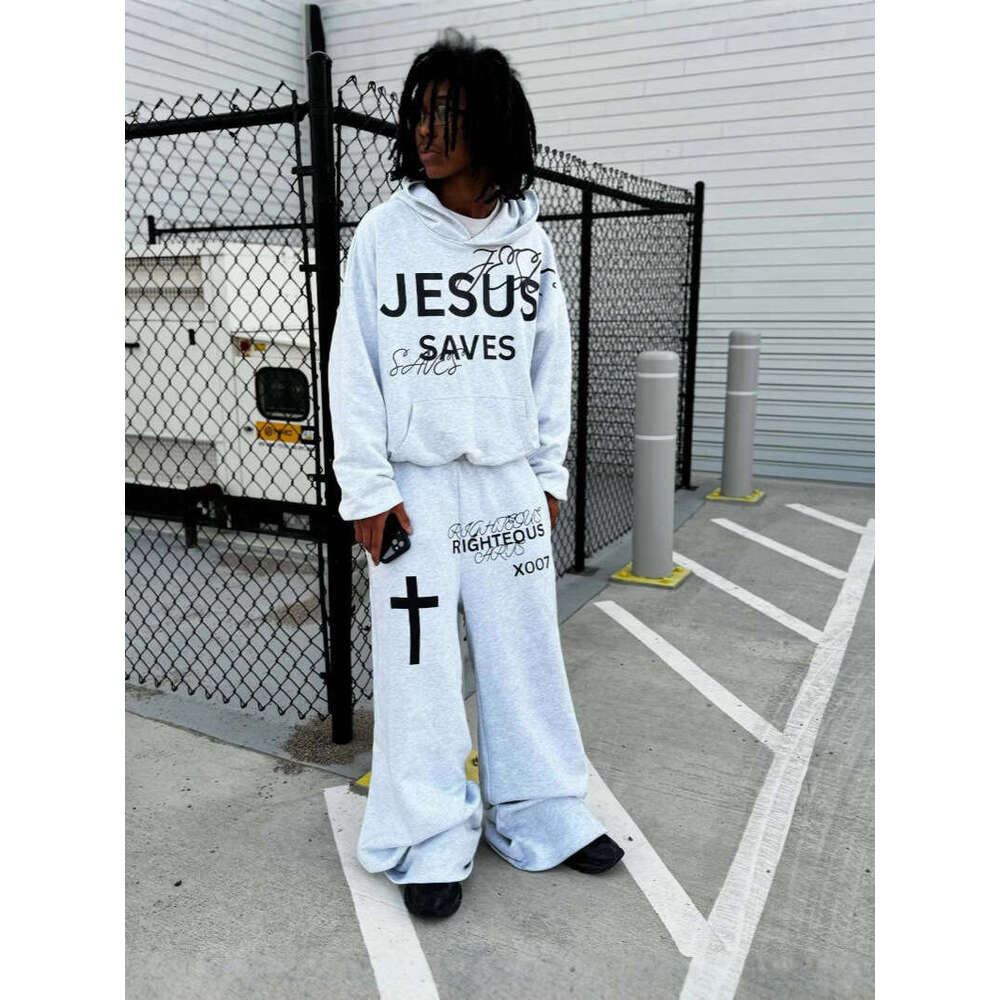 International Station Letter Print Hoodie Set Unisex Loose Fit Hooded Sweatshirt