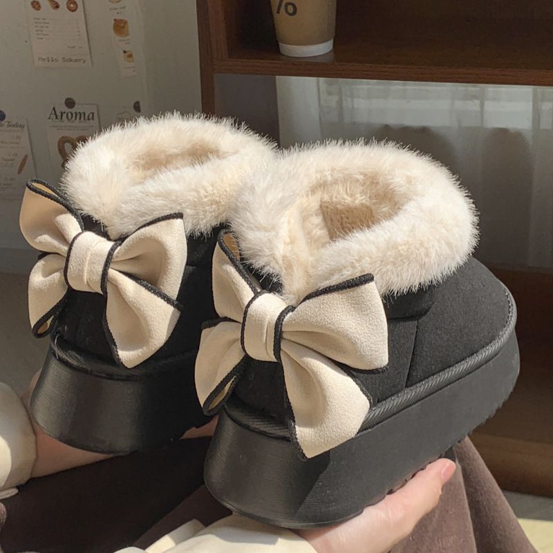 2025 new woolen bag with butterfly knot cotton shoes for women's winter thick soled height increasing versatile and plush warm snow boots can be worn outside