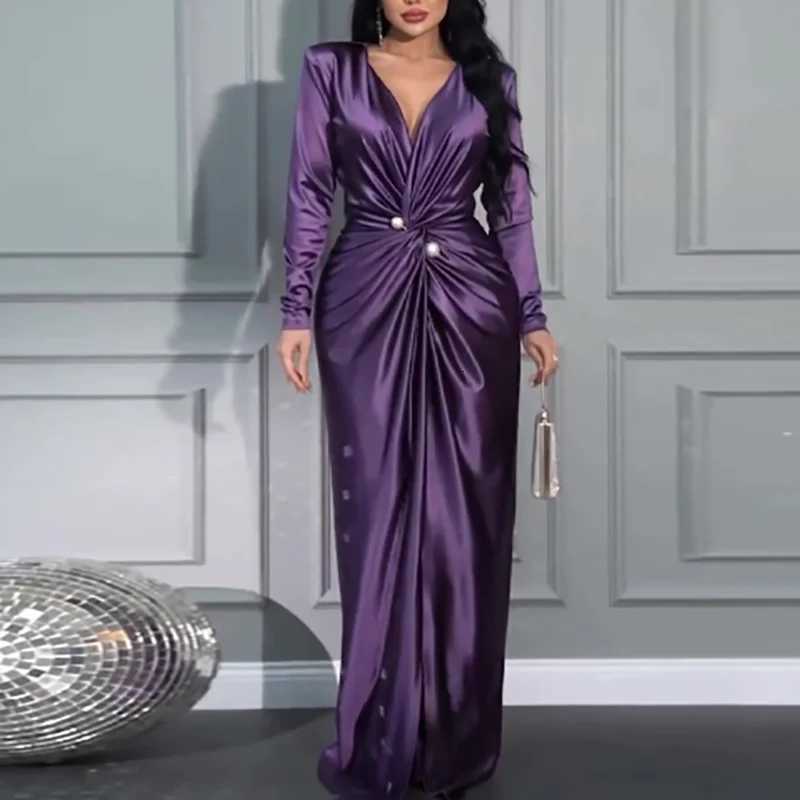 Autumn Long Sleeved Solid Banquet Dress Elegant Temperament V Neck Slim Party Dress Lady Fashion Twisted High Waist Office Dress Z250728