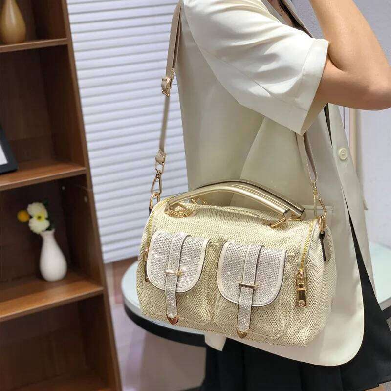 Women High end Rhinestone Fashion Mesh Large Capacity Tote Multi Pocket Handbags Dias Crossbody Shoulder Bag