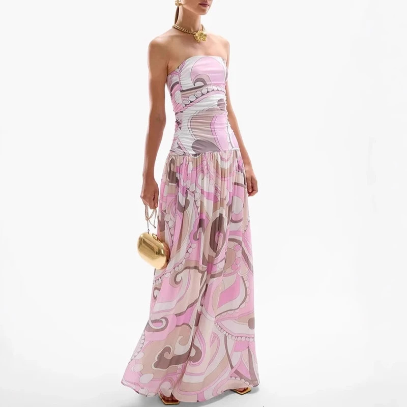 Sexy Strapless High Waisted Pleated Dress Casual Backless Hollow Summer Long Dresses Pink Pattern Printed Womens Evening Dress 250728